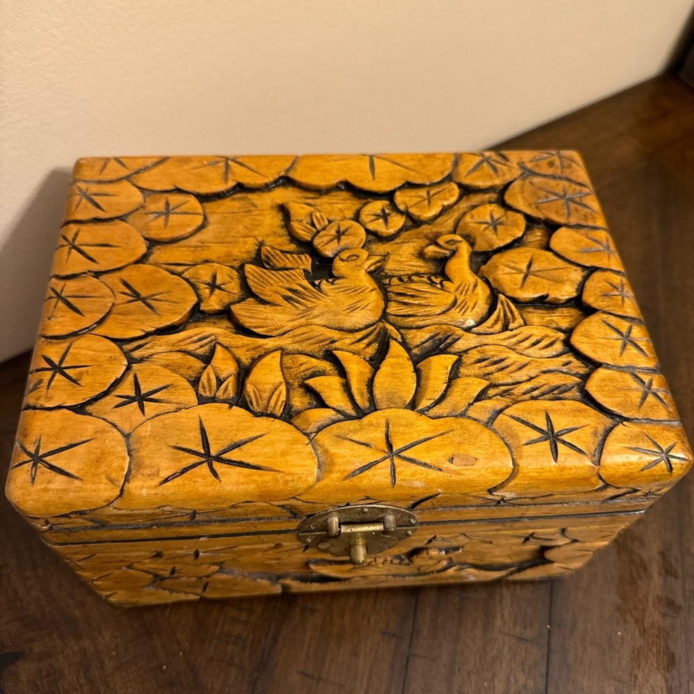 Vintage Hand Carved Wooden Box Jewelry Trinket Ducks and Lotus Intricate